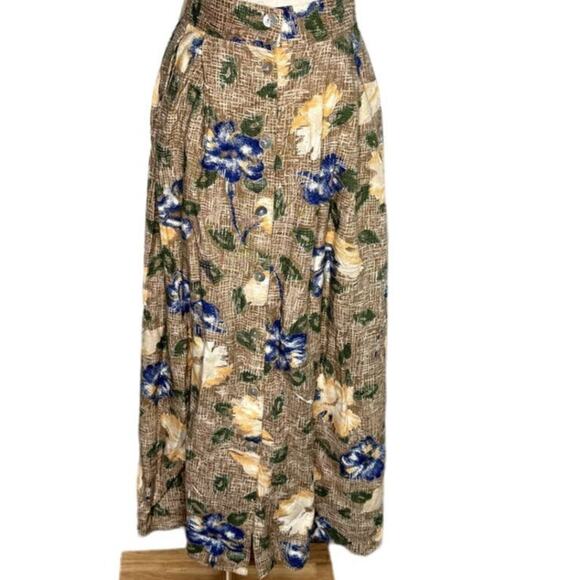Vintage floral pleated button front midi skirt tan blue size 16 L/XL large - Picture 1 of 5
